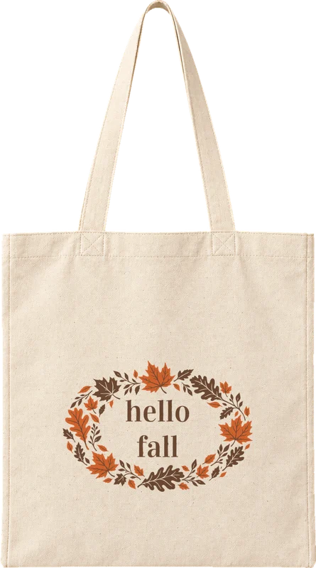 Natural canvas tote printed with hello fall