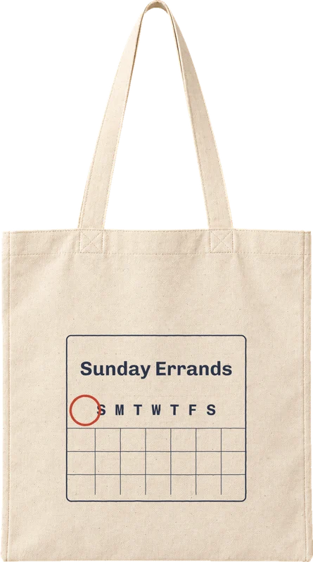 Natural canvas tote printed with Sunday Errands